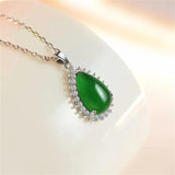 Green Emerald Water Drop Style Jade Pendant Chinese Retro Amulet Necklace