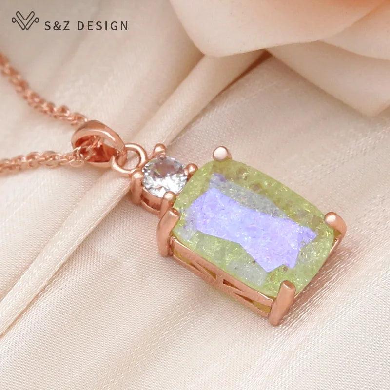 S&Z 585 Rose CZ Rectangle Crystal Pendant Necklace For Women