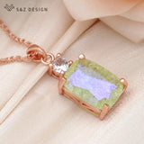 S&Z 585 Rose CZ Rectangle Crystal Pendant Necklace For Women