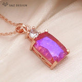 S&Z 585 Rose CZ Rectangle Crystal Pendant Necklace For Women