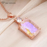 S&Z 585 Rose CZ Rectangle Crystal Pendant Necklace For Women