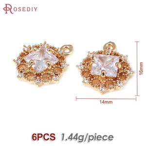 18K Brass Zircon Square Charms Pendants DIY Jewelry Making Supplies