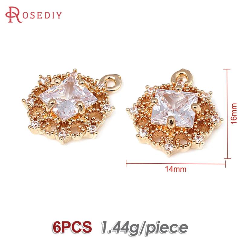 18K Brass Zircon Square Charms Pendants DIY Jewelry Making Supplies