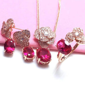 Romantic Red Gem 14K Rose Earrings and Ring Set