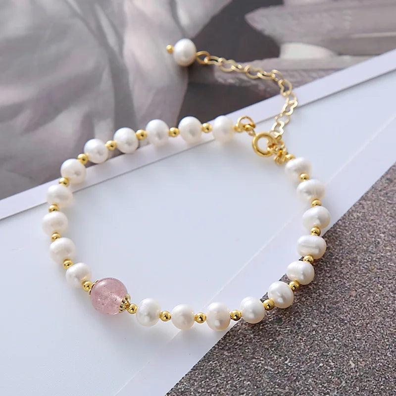 Natural Freshwater Pearl & Strawberry Quartz 14K Filled Bracelet
