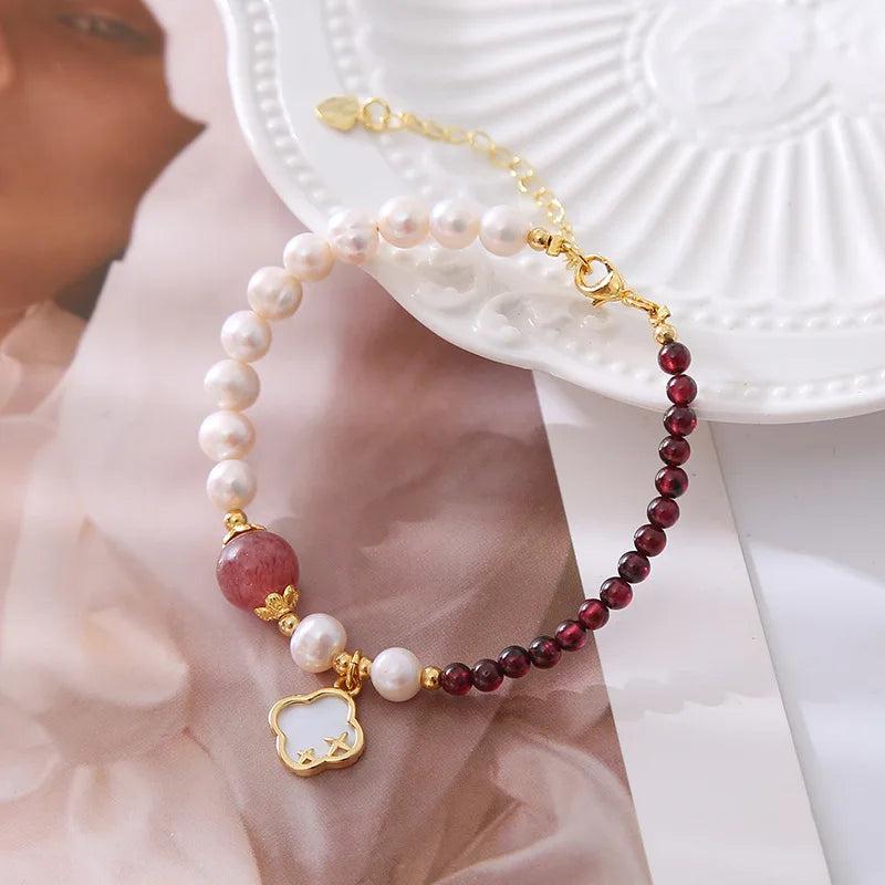 Natural Pearl Garnet Strawberry Quartz Bracelet