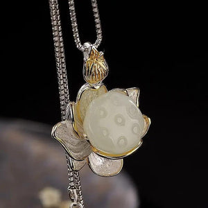 Silver Inlaid Hetian Chalcedony Lotus Necklace Set