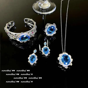 Sea Simulation Topaz Gemstone Jewelry Set 925 Silver Two Tone Vintage