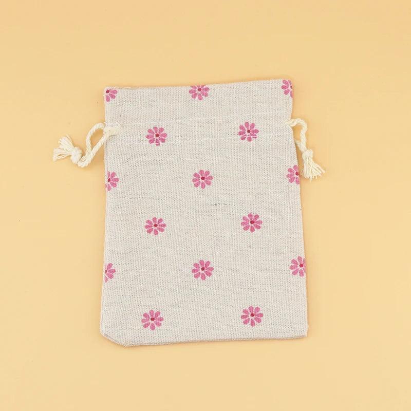 10pcs Pink Flower Burlap Drawstring Bags
