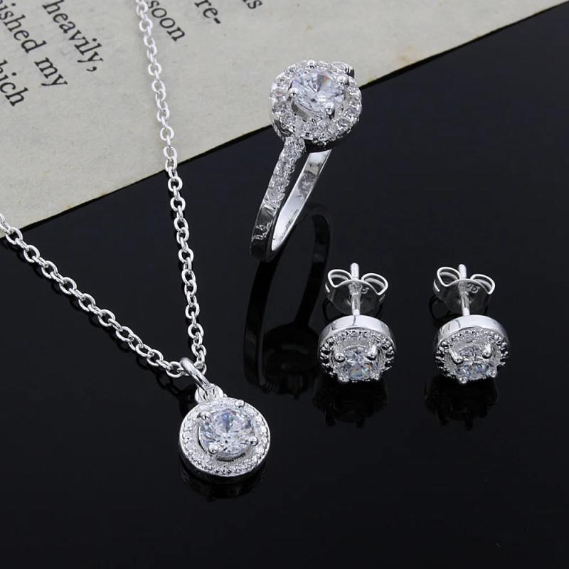 925 Sterling Silver crystal Pendant Necklace Earring Rings Jewelry Set