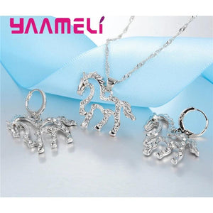 925 Silver Wedding Jewelry Set Clear CZ Crystal Horse Necklace Earrings