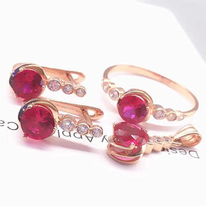 14K Rose Gold Ruby Jewelry Set: Earrings, Necklace, Ring