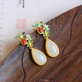 Chinese Hetian Jade Drop Earrings Retro National Silver Jewelry