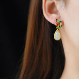 Chinese Hetian Jade Drop Earrings Retro National Silver Jewelry