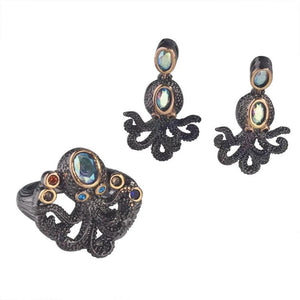 Retro Gemstone Squid Octopus Drop Earrings Ring Set for Women