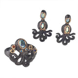 Retro Gemstone Squid Octopus Drop Earrings Ring Set for Women