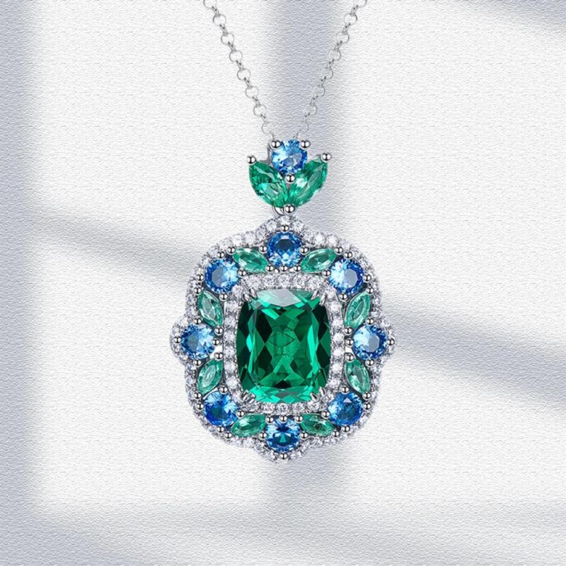 Lab Emerald Jewelry Set S925 Silver Pendant Necklace Ring Earring Gorgeous Weddi
