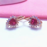 Red Gem Heart Shaped Rose Earrings for Women