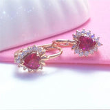 Red Gem Heart Shaped Rose Earrings for Women