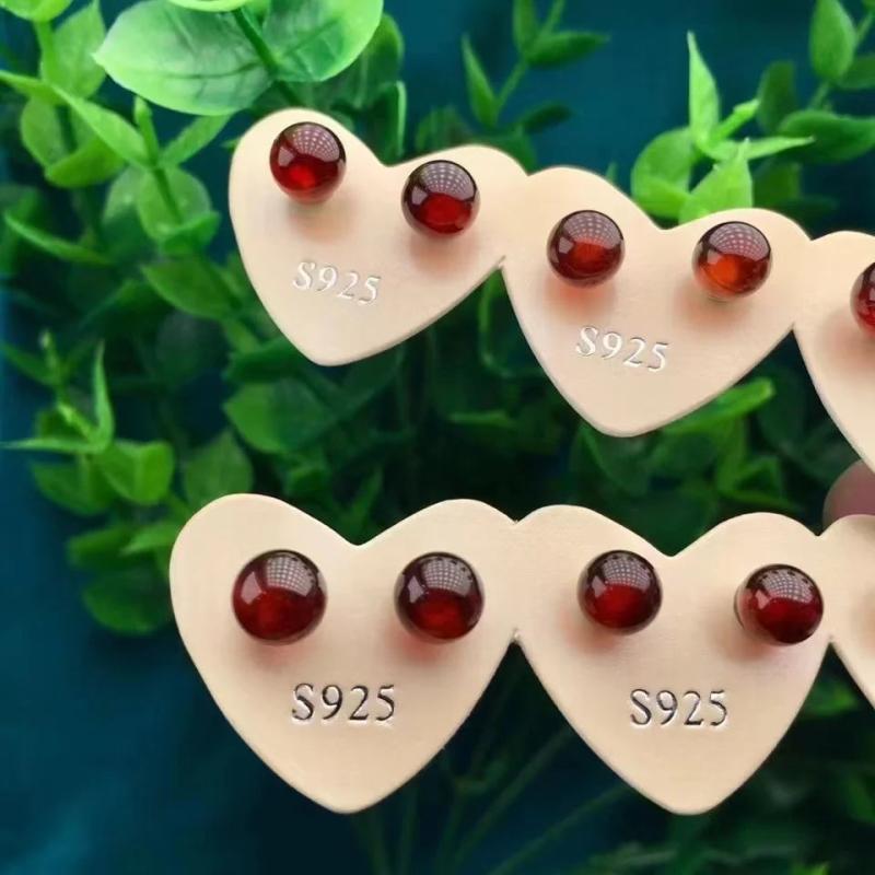 Natural Garnet Bead Stud Earrings 925 Silver Healing Gems Party Jewelry