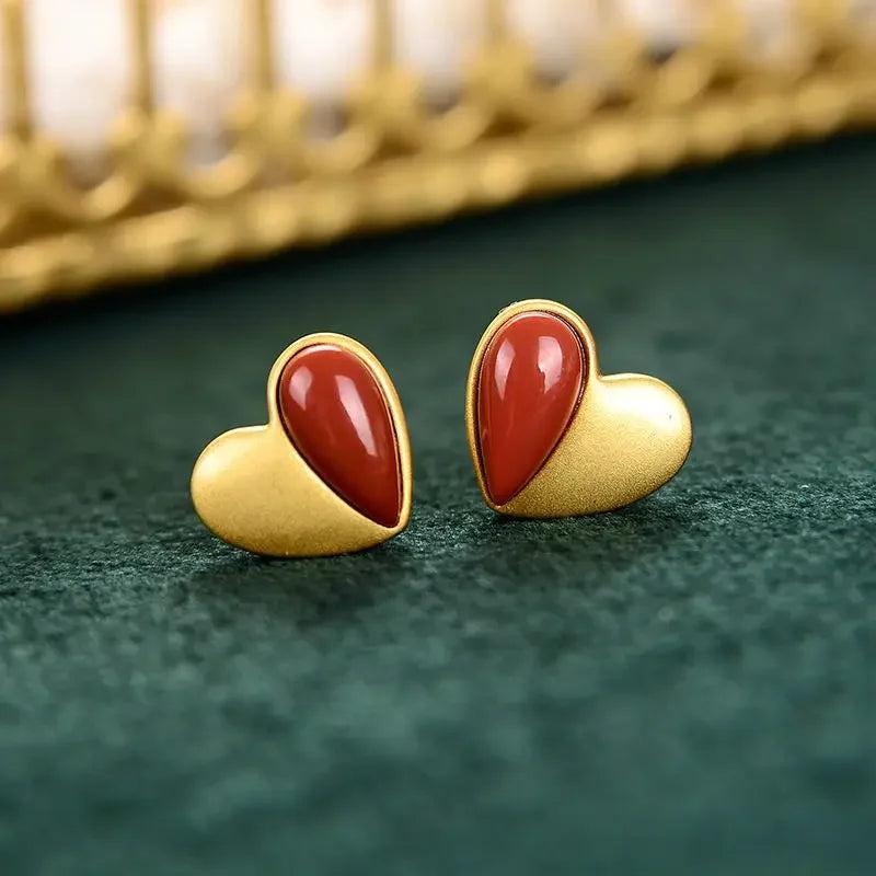 South Red Heart Earrings Silver - Chinese Retro Court Jewelry