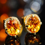 925 Silver Oval Citrine Zircon Stud Earrings Women Wedding Party