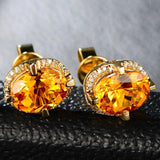 925 Silver Oval Citrine Zircon Stud Earrings Women Wedding Party
