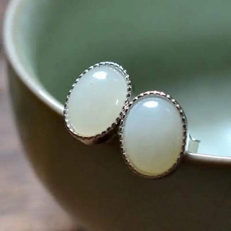 Silver Inlaid Hetian Jade Earrings, Chinese Retro Charm Women's Jewelry
