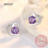 925 Silver Heart-shaped Amethyst Zircon Stud Earrings