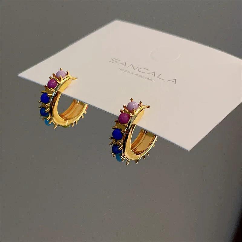 Colorful Agate Bead Earrings Sweet Spring Summer C-shaped