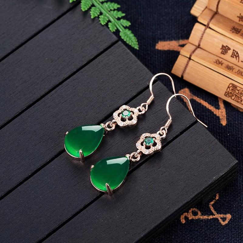 Green Jade Water Drop Earrings 925 Silver Gemstone Natural Jewelry