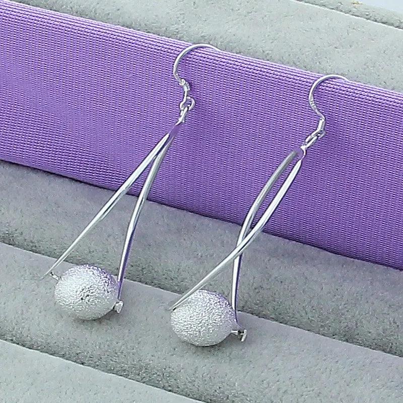Silver Round Bead Drop Earrings for Women Jewelry