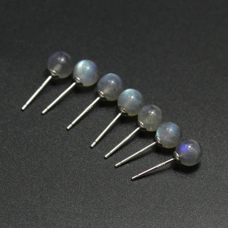 S925 Silver Labradorite Bead Stud Earrings Minimalist Round Beads Jewelry