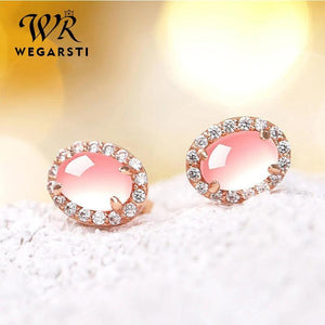Rose Quartz Stud Earrings for Women 925 Silver CZ Wedding Jewelry