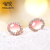 Rose Quartz Stud Earrings for Women 925 Silver CZ Wedding Jewelry