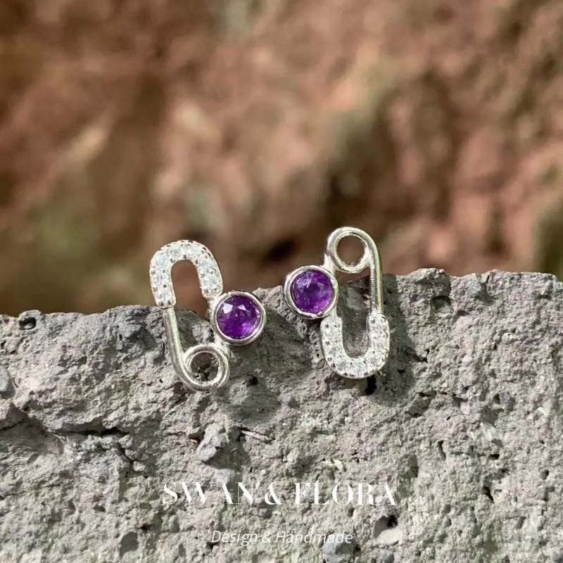 Amethyst Stud Earrings 925 Sterling Silver Vintage Femme Gift