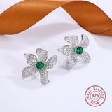 Emerald Crystal Flower Stud Earrings 925 Sterling Silver Jewelry Zirconia Leaves