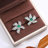 Emerald Crystal Flower Stud Earrings 925 Sterling Silver Jewelry Zirconia Leaves
