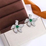 Emerald Crystal Flower Stud Earrings 925 Sterling Silver Jewelry Zirconia Leaves
