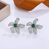Emerald Crystal Flower Stud Earrings 925 Sterling Silver Jewelry Zirconia Leaves