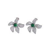 Emerald Crystal Flower Stud Earrings 925 Sterling Silver Jewelry Zirconia Leaves