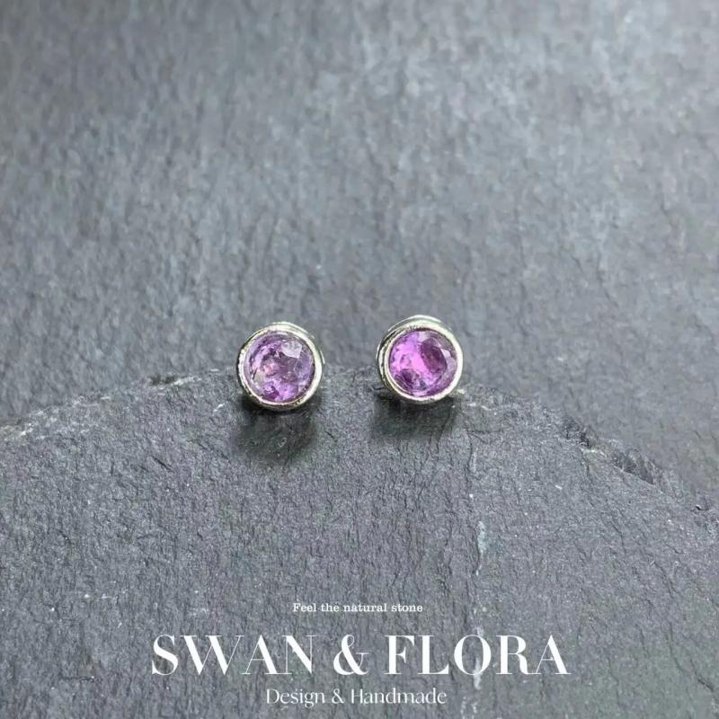Natural Amethyst Stud Earrings 925 Sterling Silver Vintage Femme Gift