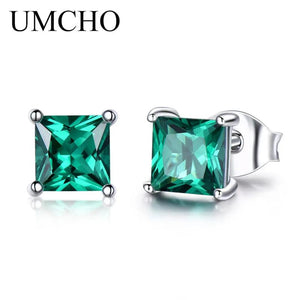 925 Silver Created Emerald Square Stud Earrings Women Birthday Jewelry
