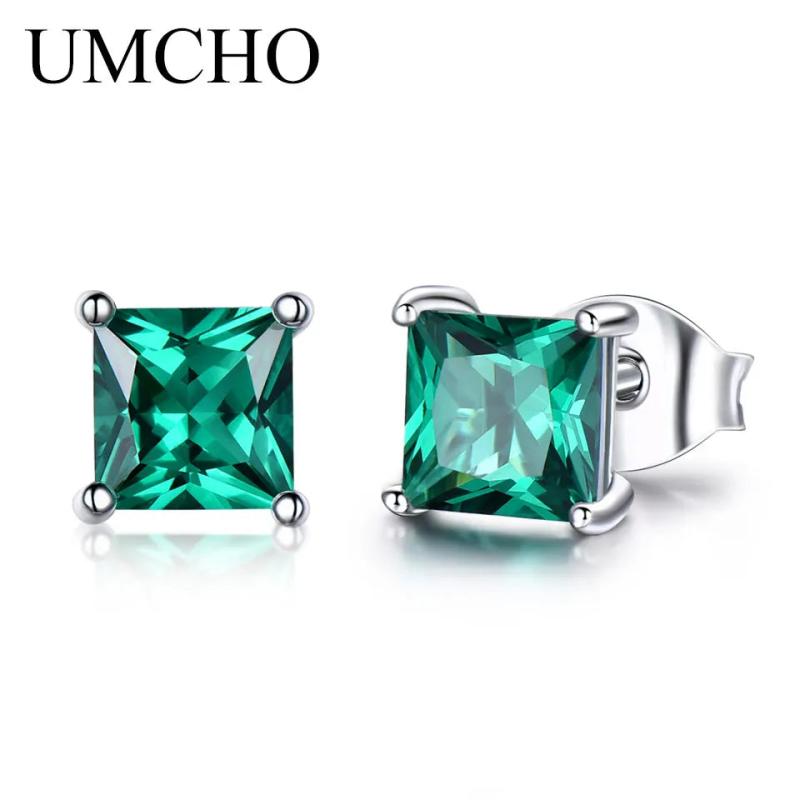 925 Silver Created Emerald Square Stud Earrings Women Birthday Jewelry