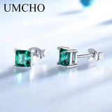 925 Silver Created Emerald Square Stud Earrings Women Birthday Jewelry