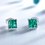 925 Silver Created Emerald Square Stud Earrings Women Birthday Jewelry