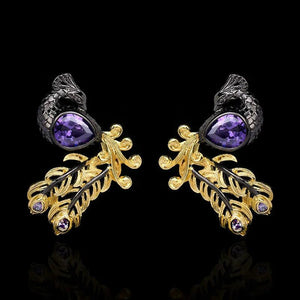Amethyst Stone Earrings Two Tone Phoenix Peacock Shape Stud Earrings