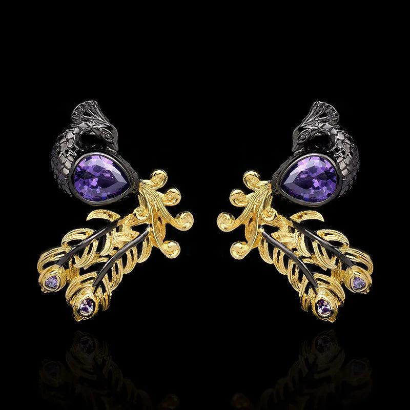 Amethyst Stone Earrings Two Tone Phoenix Peacock Shape Stud Earrings