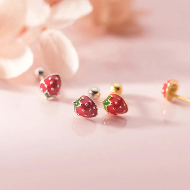 925 Silver Sweet Glue Drop Strawberry Threaded Stud Earrings