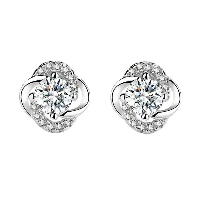 Sterling Silver CZ Four Leaf Stud Earrings